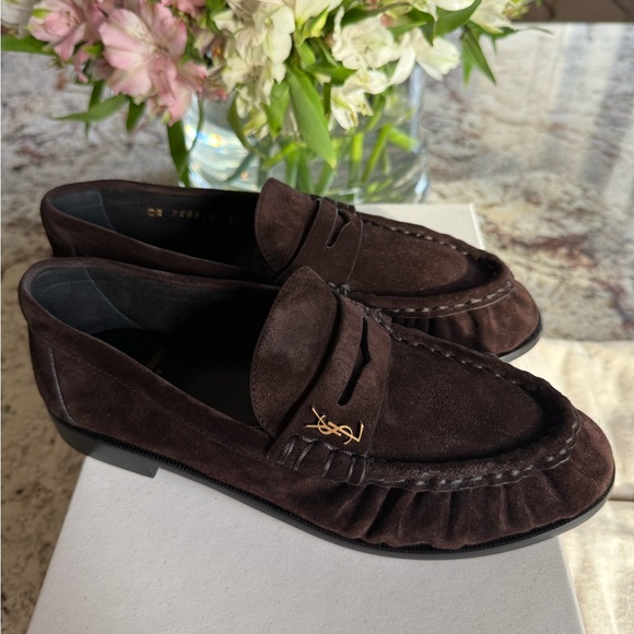Saint Laurent Shoes - Saint Laurent YSL Le Loafer Cassandre Penny Loafers in Brown Suede - Size 37